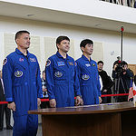 CG4G8889 --- (6 May 2015) --- At the Gagarin Cosmonaut Training Center in Star City, Russia, Expedition 44/45 crewmembers Kjell Lindgren of NASA (left), Oleg Kononenko of the Russian Federal Space Agency (Roscosmos, center), and Kimya Yui of the Japan Aer