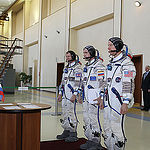 CG4G8713 --- (6 May 2015) --- At the Gagarin Cosmonaut Training Center in Star City, Russia, Expedition 44/45 backup Soyuz Commander Yuri Malenchenko of the Russian Federal Space Agency (Roscosmos, center) and his crewmates, Timothy Peake of the European
