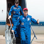 Date: 06-12-15.Location: Ellington Field.Subject: Expedition 43 crew members Terry Virts and Samantha Cristoforetti return to Ellington Field after their mission to the ISS. .Photographer: James Blair