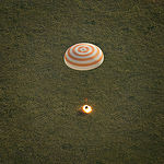 The Soyuz TMA-15M spacecraft is seen as it lands with Expedition 43 commander Terry Virts of NASA, cosmonaut Anton Shkaplerov of the Russian Federal Space Agency (Roscosmos), and Italian astronaut Samantha Cristoforetti from European Space Agency (ESA) ne